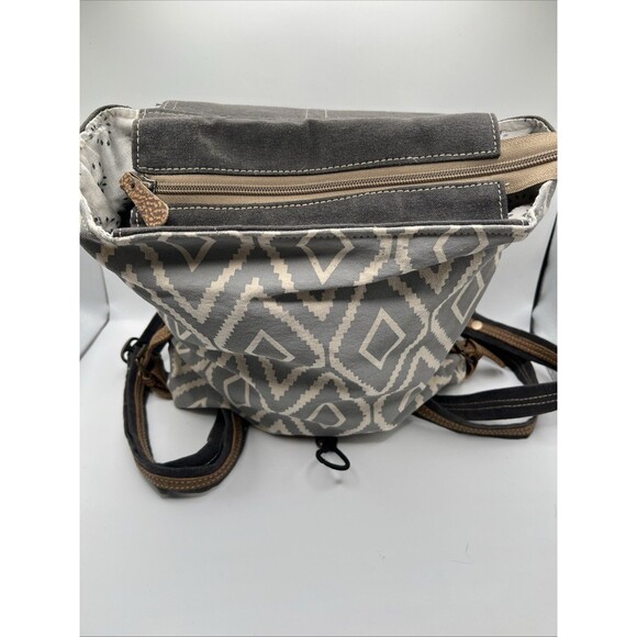 Myra Bag Aztec Motif, Leather, Cotton Backpack, Flap Closure, Grey/White, VGC - Picture 8 of 10
